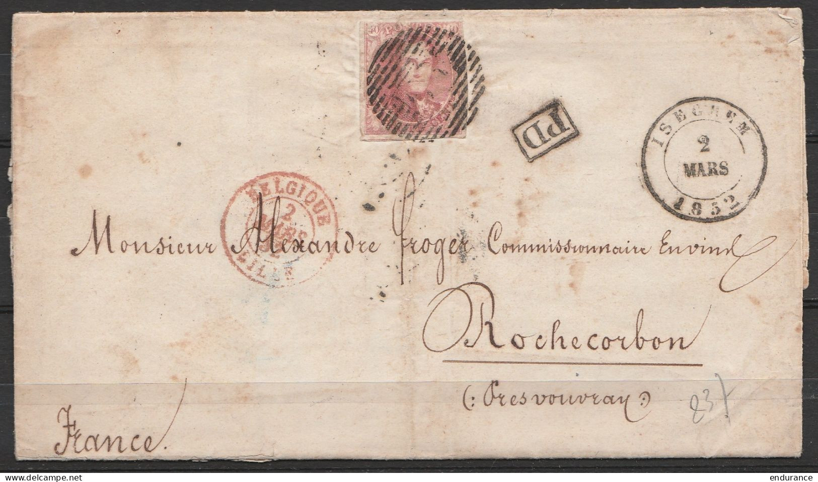 L. Affr. N°5 P63 Càd ISEGHEM /2 MARS 1852 Pour ROCHECORBON Près Vouvray - Passage "BELGIQUE / LILLE" - [PD] (au Dos: Càd - 1849-1850 Medallions (3/5)