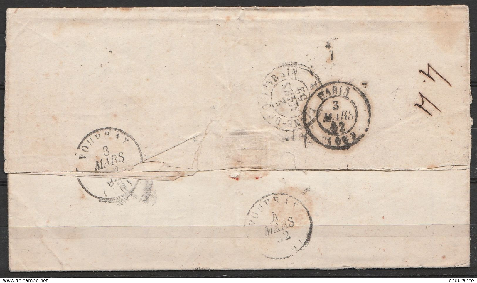 L. Affr. N°5 P63 Càd ISEGHEM /2 MARS 1852 Pour ROCHECORBON Près Vouvray - Passage "BELGIQUE / LILLE" - [PD] (au Dos: Càd - 1849-1850 Medallions (3/5)
