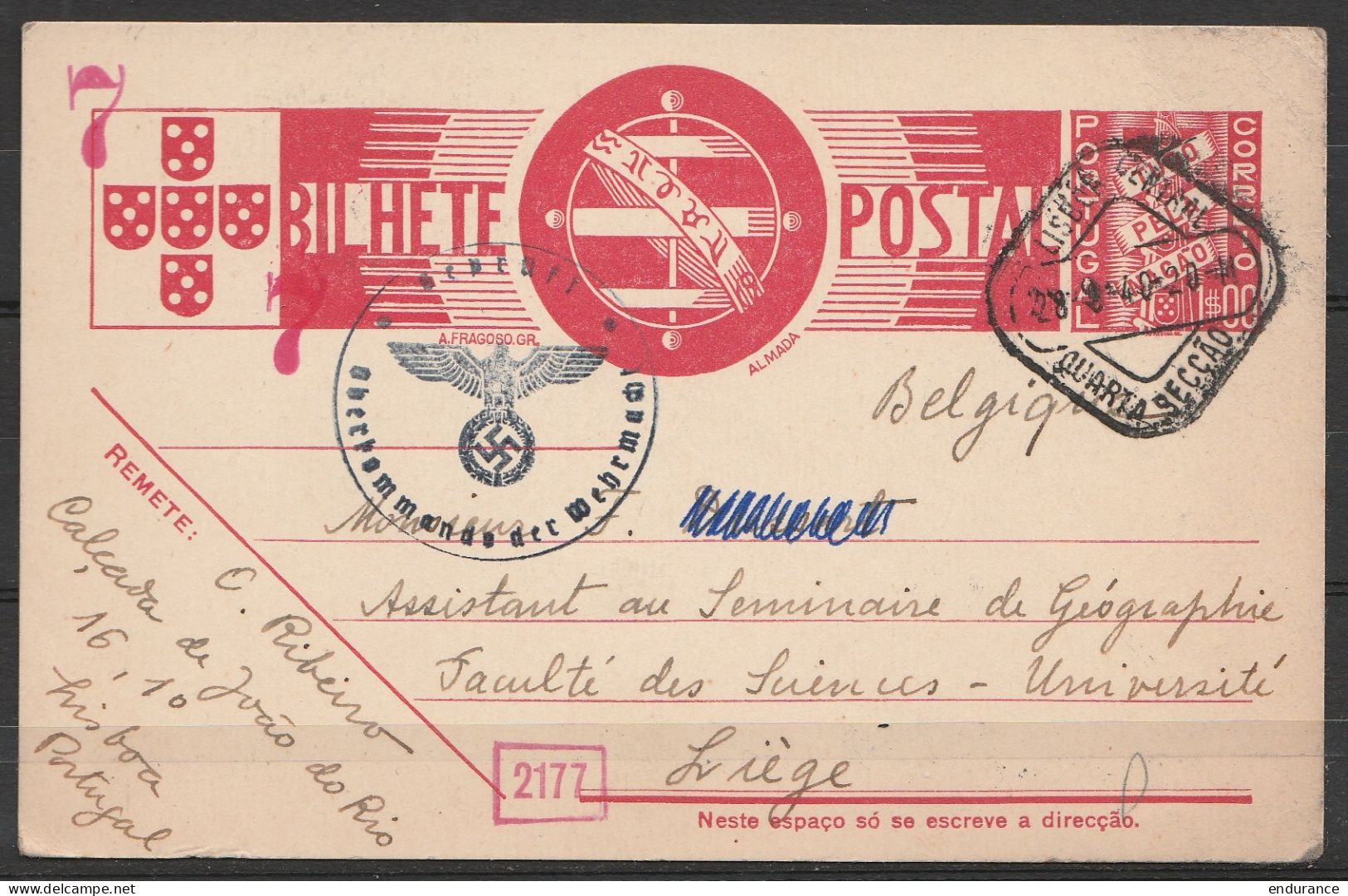 Portugal - EP (Bilhete Postal) 1$00 Càd Losange "LISBOA CENTRAL /29-9-1940" Pour Faculté Des Sciences à LIEGE - Cachet C - Covers & Documents