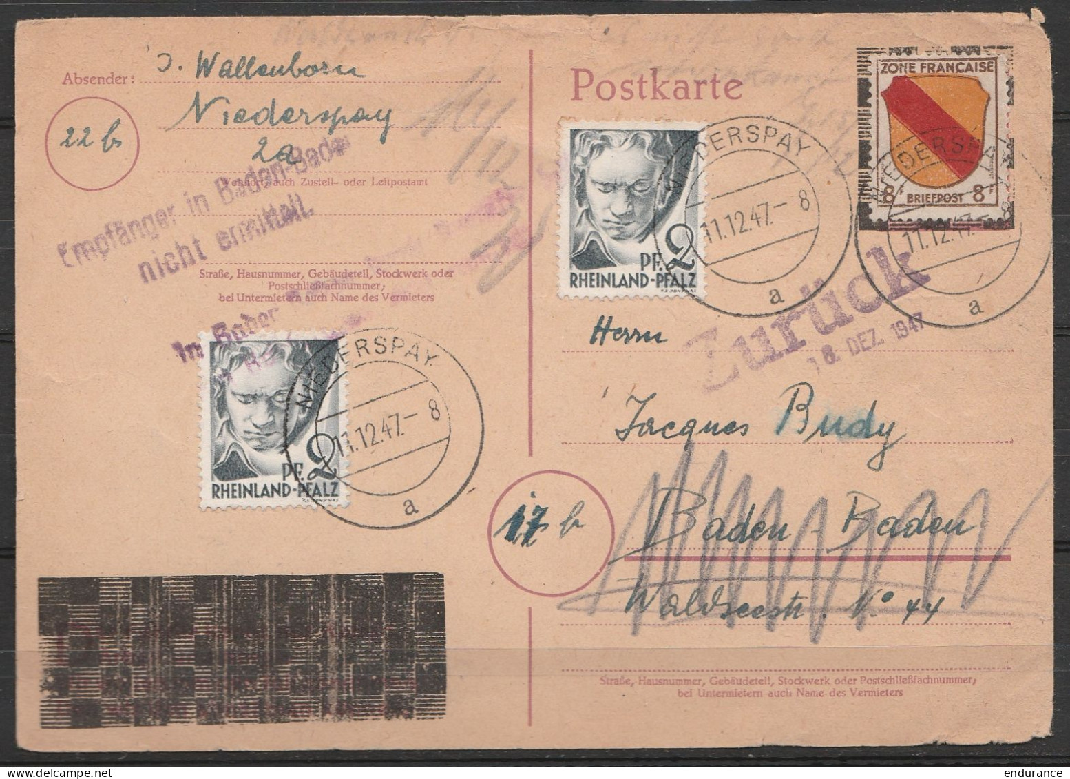 Rhénanie-Palatinat (Rheinland-Pfalz) - CP Affr.12pf Càpt "NIEDERSPRAY /11.12.1947" Pour BADEN-BADEN - Retour Griffe "Zur - Baden