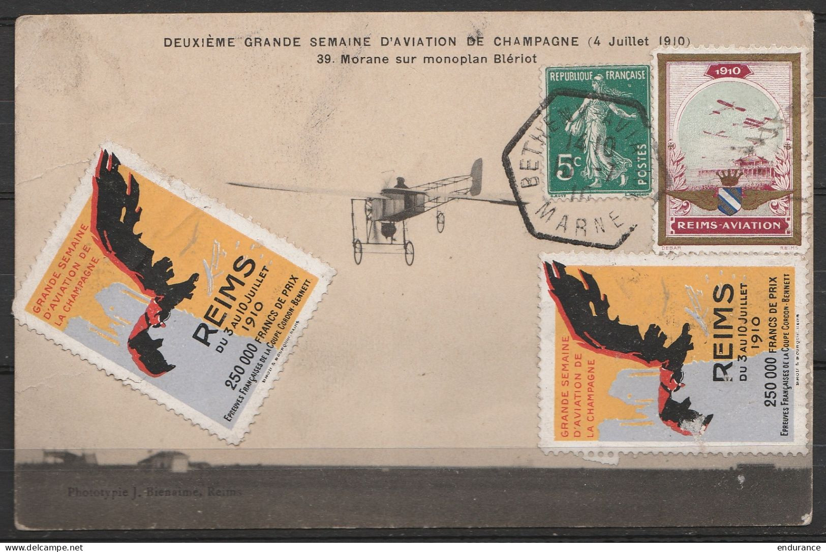 CP 2e Grande Semaine D'Aviation De Champagne Affr. N°137 Càd Hexagon. "BETHENY-AVIATION /10-7-1910" Pour REMICOURT (Lièg - 1960-.... Briefe & Dokumente