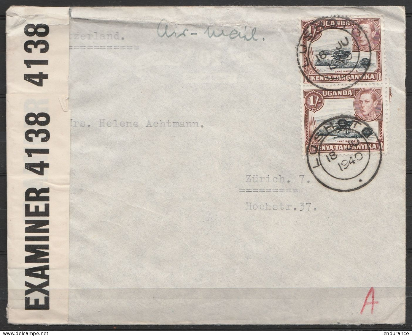 Tanganyika - L. Avion Affr. 2/- Càd LUSHOTO /18 JU 1940 Pour ZÜRICH (Suisse) - Bande Censure UK - Kenya, Uganda & Tanganyika