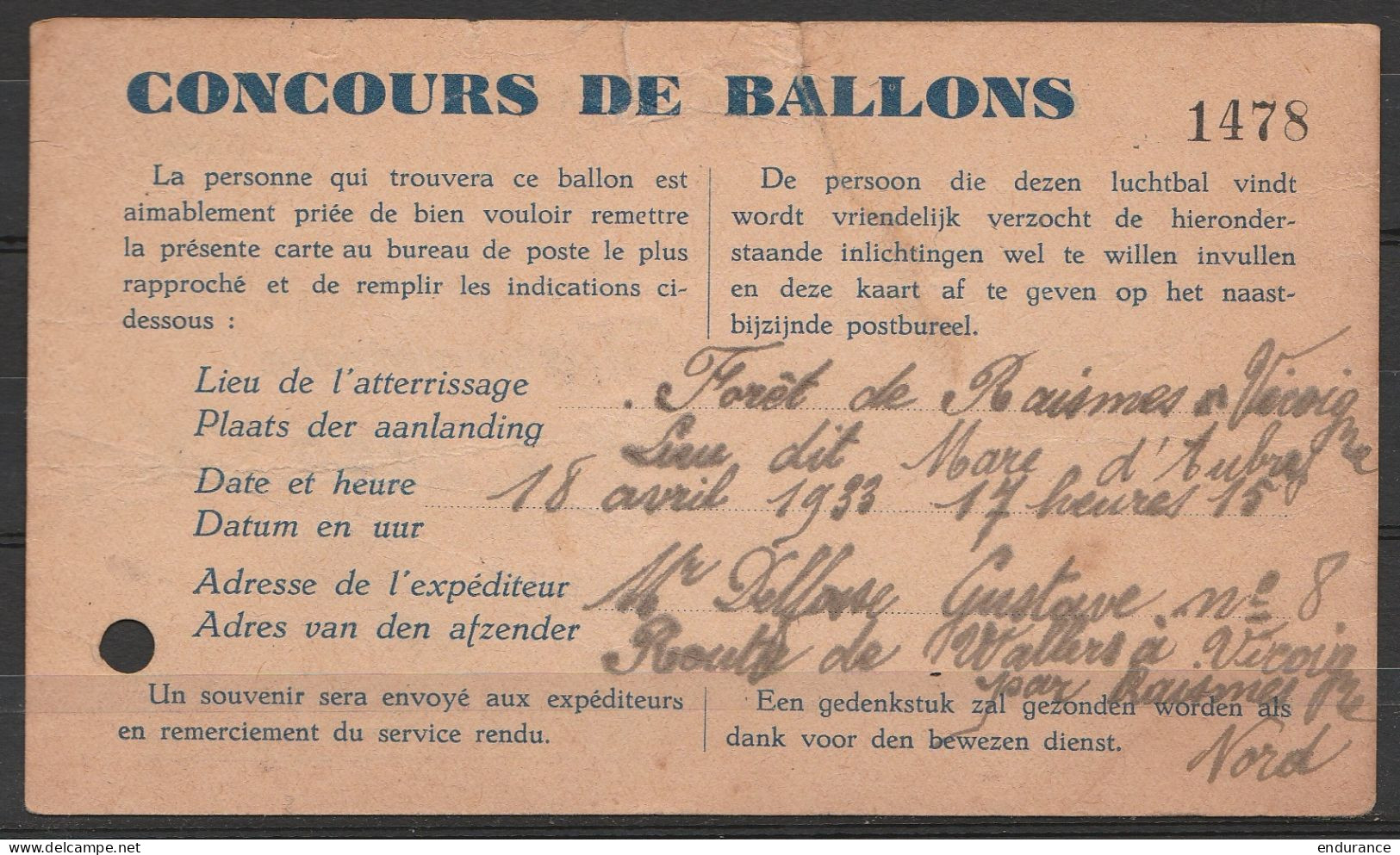 CP Concours De Ballons Affr. N°235x2 Càd RAIMES /19-4-1933 Pour BRUXELLES (au Dos: Détails De L'atterrissage Et De L'exp - 1960-.... Lettres & Documents