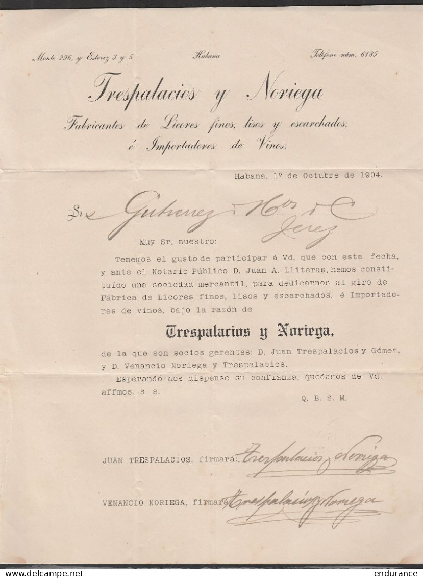 C U B A - L. Imprimés De La Havane Affr 2cs Càd HABANA / OCT 19 1904 Pour JEREZ DE LA FRONTERA (Espagne) Via New York (a - Cartas & Documentos