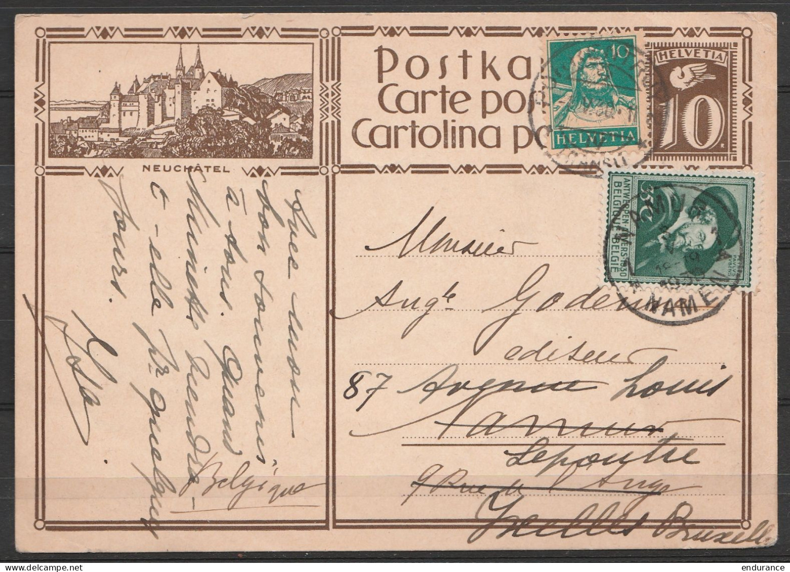 Suisse - EP Illustré Neufchatel 10c + Affr. 10c Càpt PORRENTRUY /-1-5-1930 Pour NAMUR Réexépdié + Affr. N°300 Càd NAMUR  - Stamped Stationery