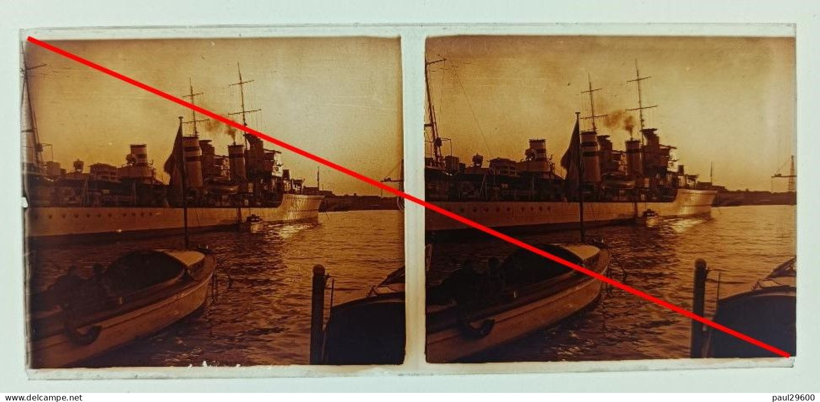 Photo Sur Plaque De Verre, Bateau, Trois Cheminées, Port, Pont Transbordeur,  Années 1930 - Diapositivas De Vidrio