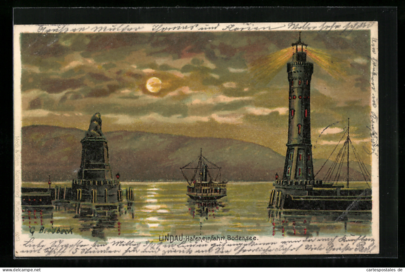 Lithographie Lindau A. Bodensee, Hafeneinfahrt Mit Leuchtturm  - Lindau A. Bodensee