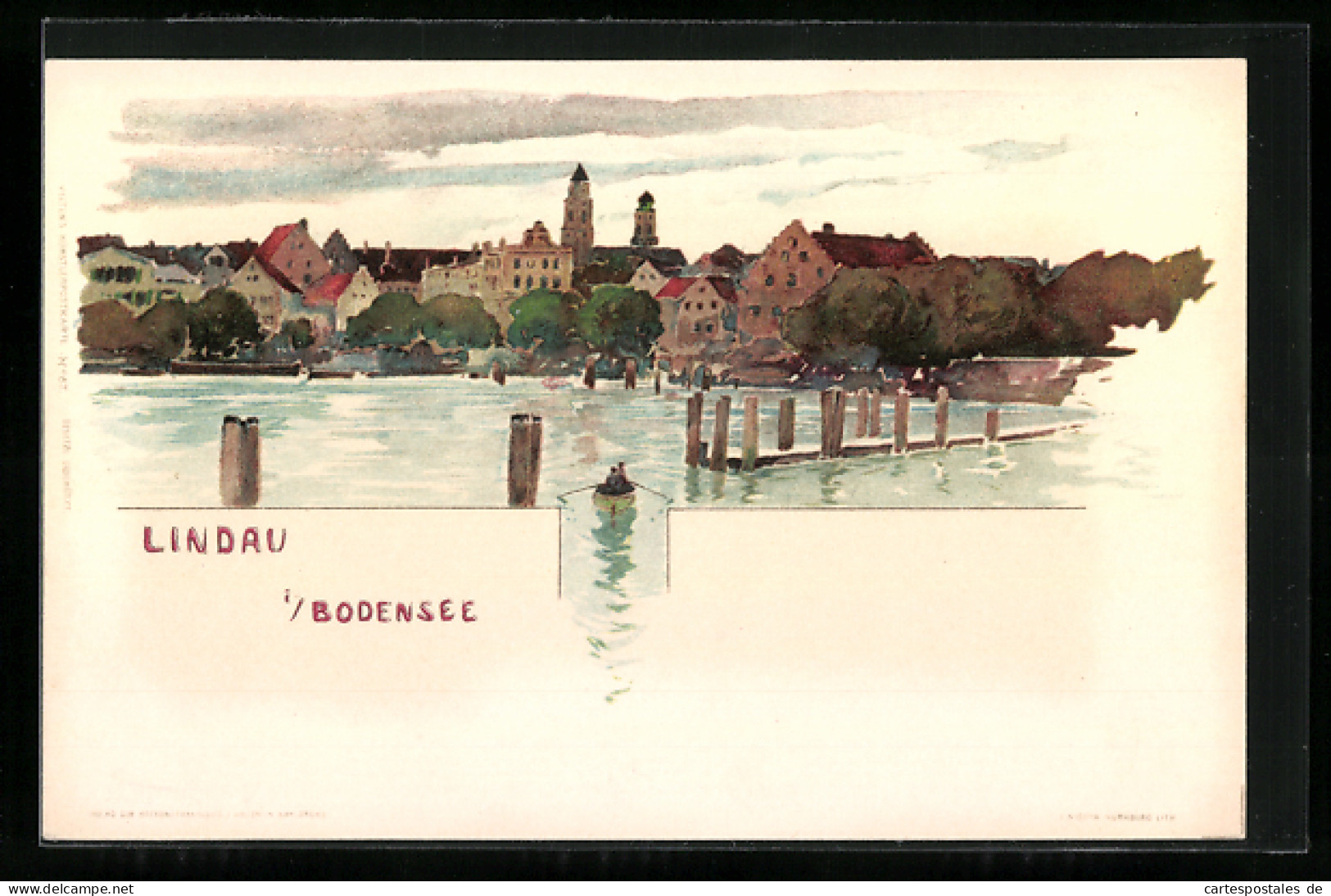 Künstler-AK Lindau /Bodensee, Panoramaansicht Mit Steg  - Lindau A. Bodensee