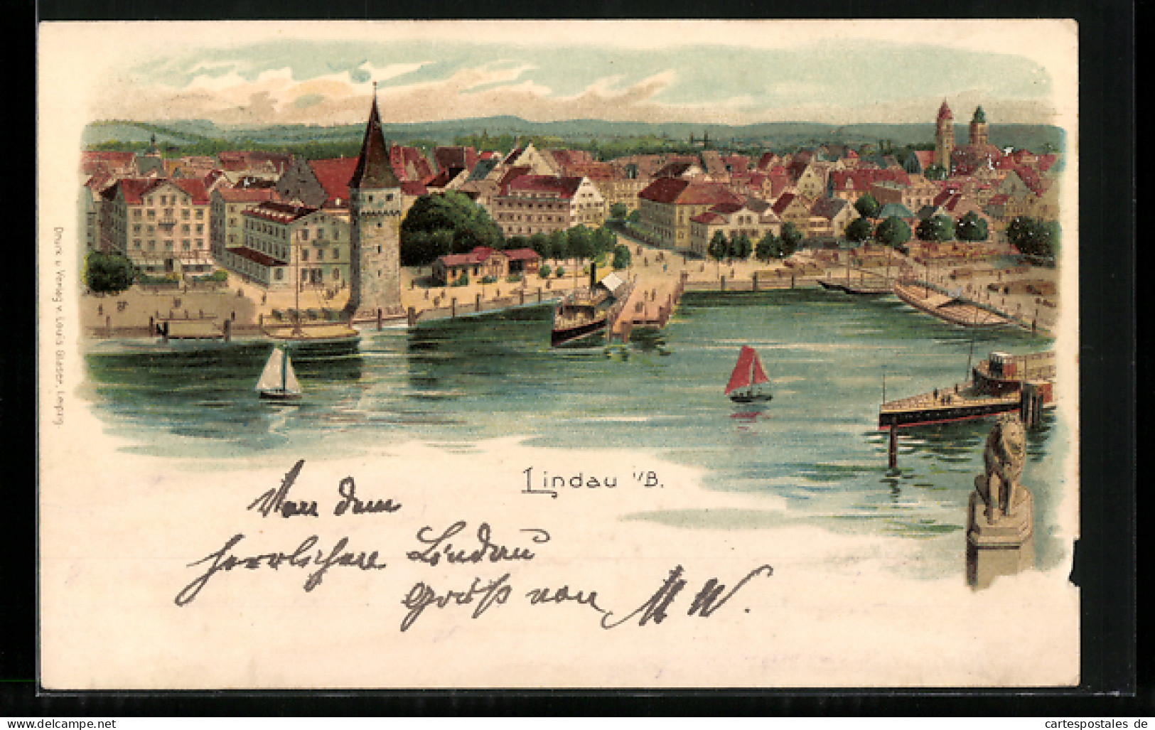 Lithographie Lindau I. B., Hafenpartie Aus Der Vogelschau  - Lindau A. Bodensee