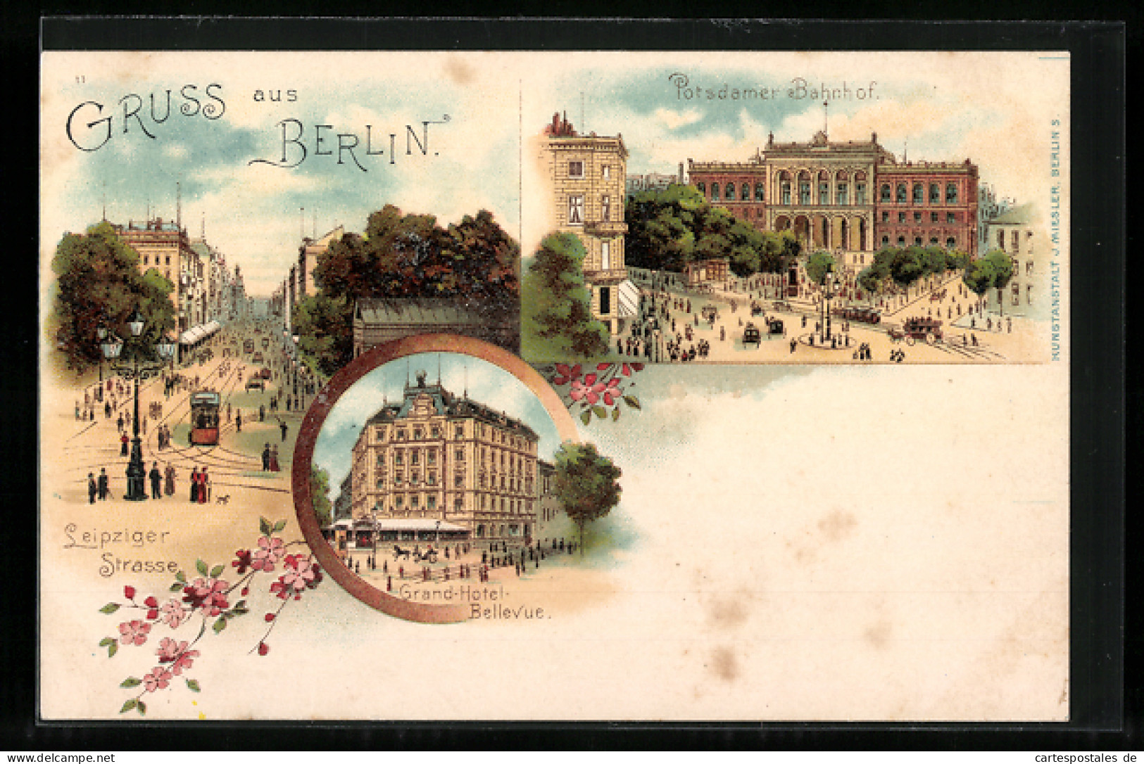 Lithographie Berlin, Potsdamer Bahnhof, Grand Hotel Bellevue, Leipziger Strasse  - Dierentuin