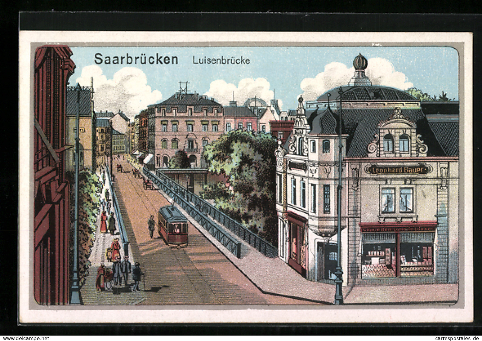 Lithographie Saarbrücken, Luisenbrücke Mit Strassenbahn  - Saarbrücken