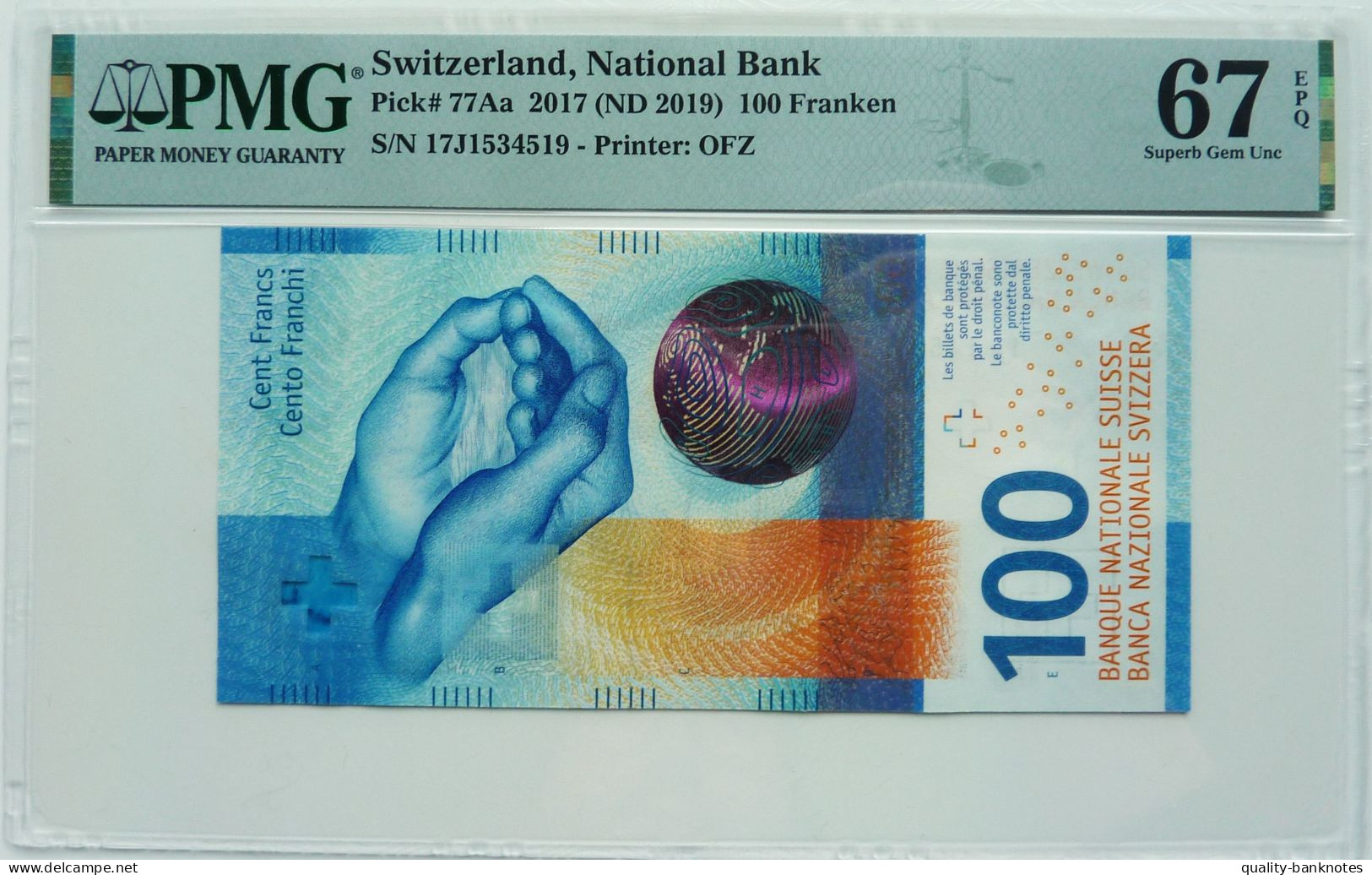 •Q-B• SWITZERLAND 100 FRANKEN 2017 2019 • P 77 Aa Studer & Maechler• PMG 67 UNC - Switzerland