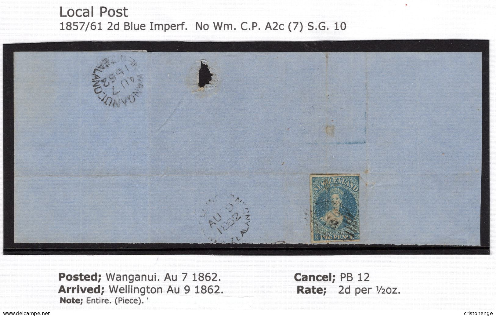 New Zealand 1862 2d Blue FFQ Chalon - No Wmk. Imperf. - On Large Part Cover Wanganui To Wellington - Covers & Documents