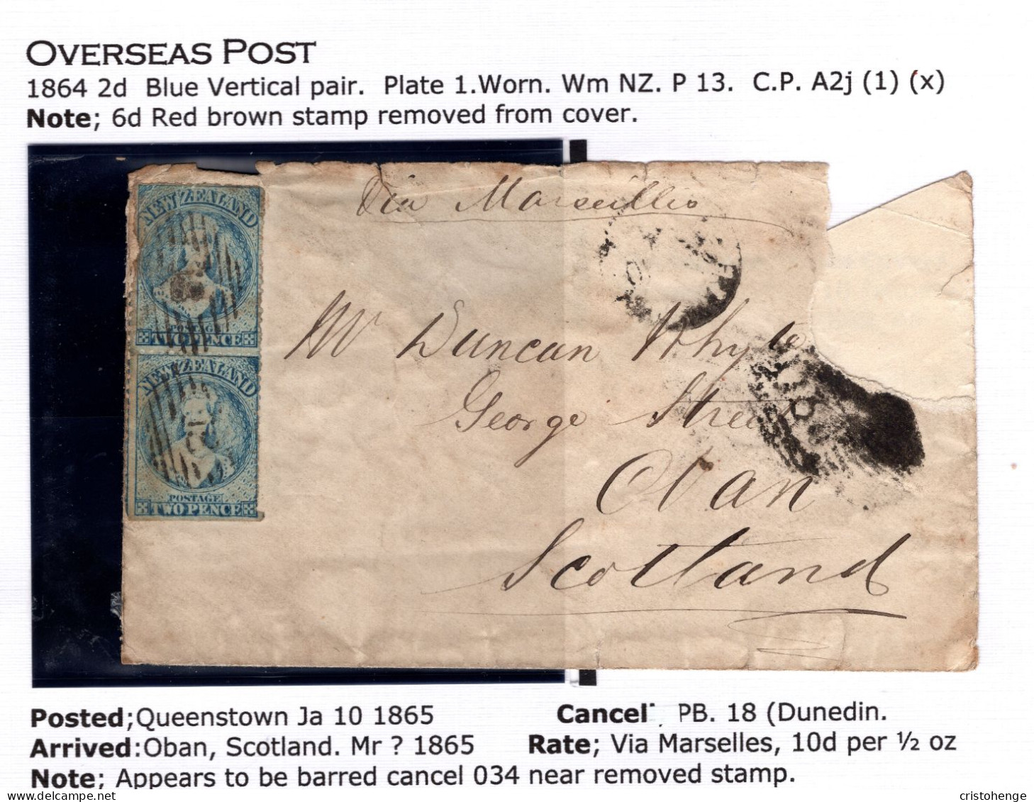 New Zealand 1865 2d Blue FFQ Chalon Pair - NZ Wmk. Perf. 13 - On Goldfields Cover Rocky Point To Scotland - Cartas & Documentos