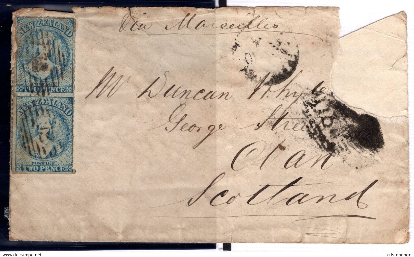 New Zealand 1865 2d Blue FFQ Chalon Pair - NZ Wmk. Perf. 13 - On Goldfields Cover Rocky Point To Scotland - Cartas & Documentos