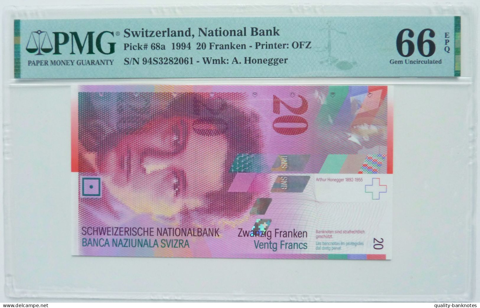 •Q-B• SWITZERLAND 20 FRANKEN 1994 • P 68 A • PMG EPQ 66 GEM UNC - Svizzera