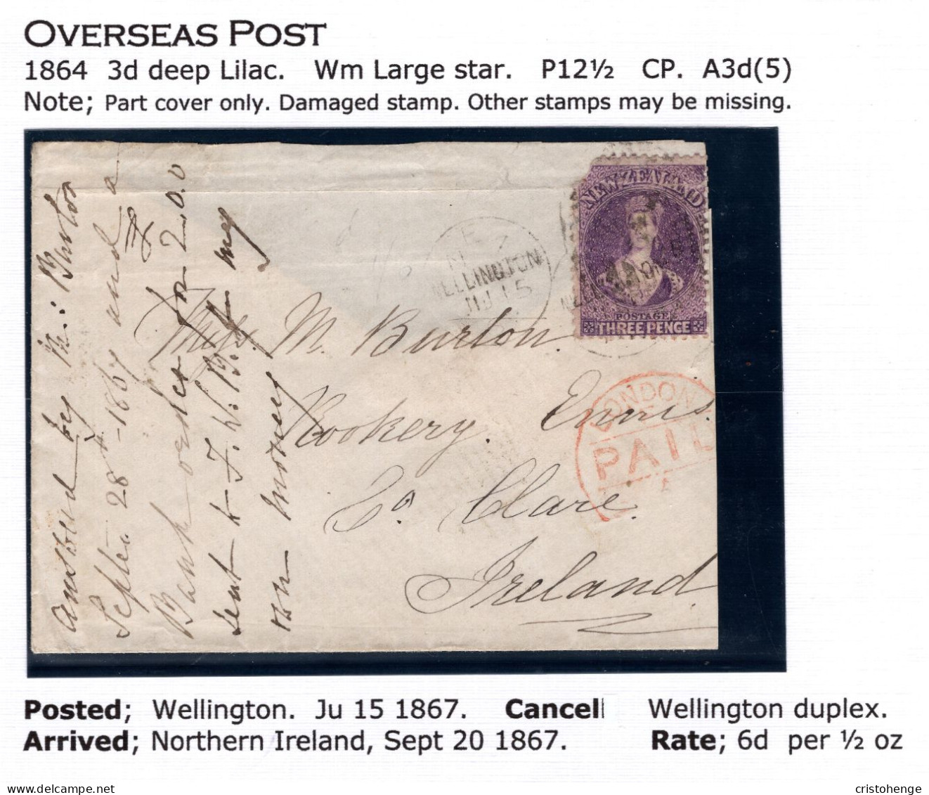 New Zealand 1867 3d Deep Mauve FFQ Chalon - Wmk. Large Star - On Part Cover To Ennis, Ireland - Storia Postale