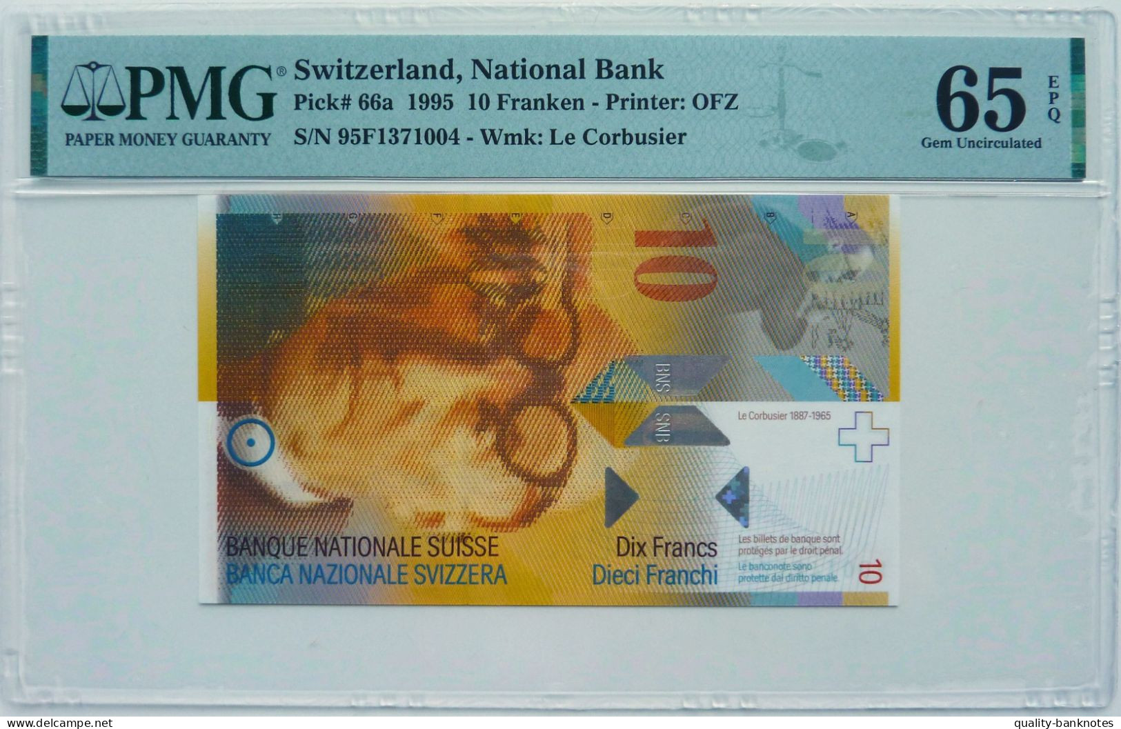 •Q-B• SWITZERLAND 10 FRANKEN 1995 • P 66 A • PMG EPQ 65 GEM UNC - Switzerland