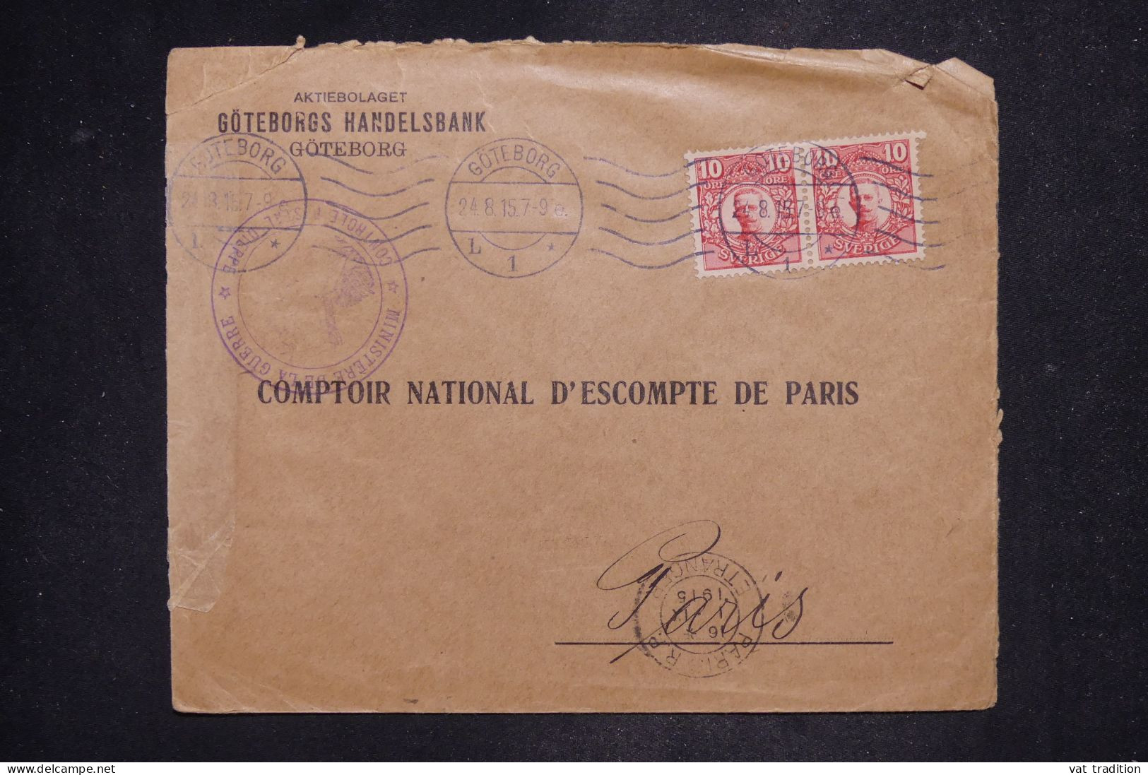 SUEDE - Lettre Censurée à L'arrivée En France - 1915 - 1ère GM -  - A 2842 - 1910-1920 Gustaf V