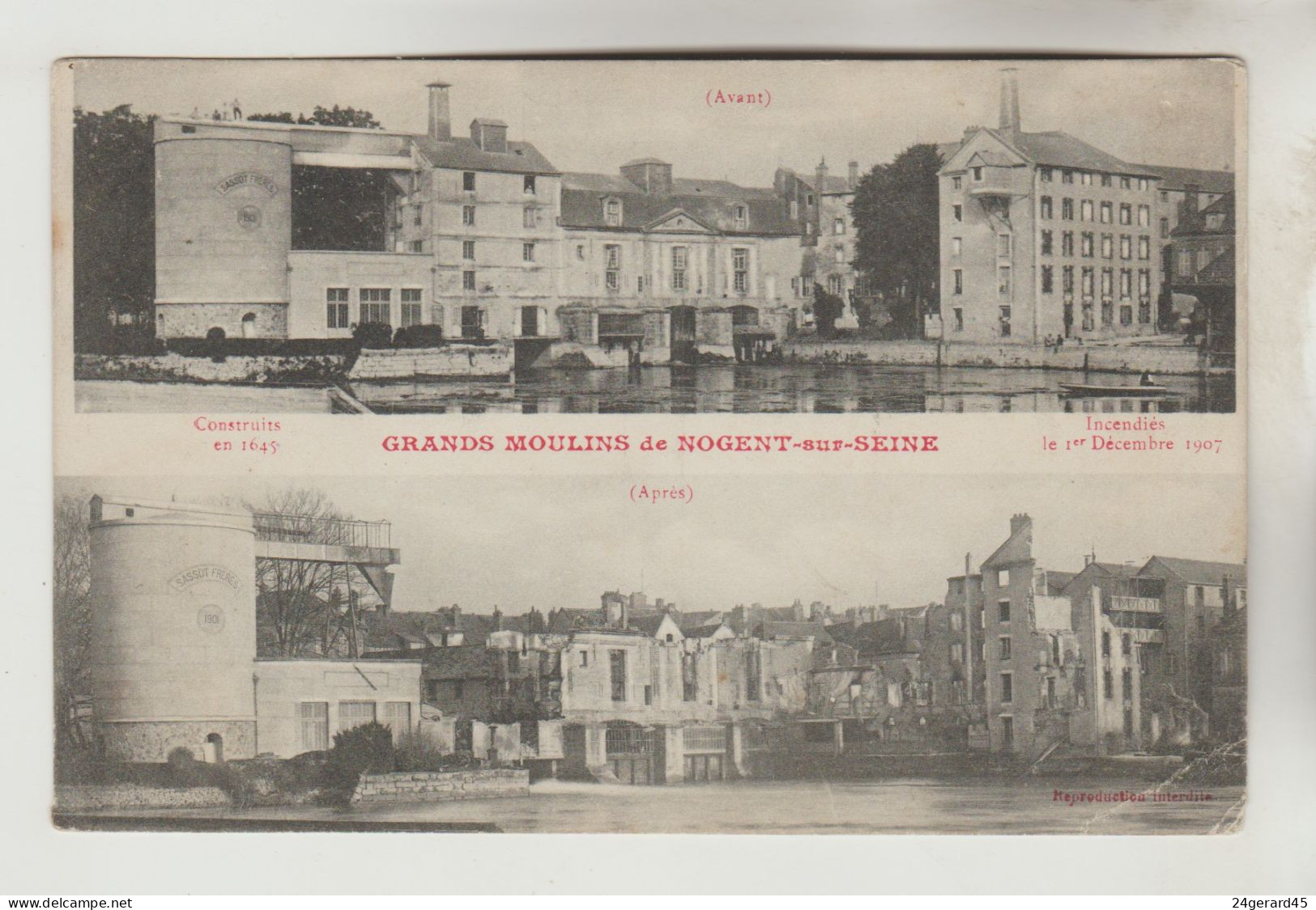 CPA NOGENT SUR SEINE (Aube) - Grands Moulins : 2 Vues (avant Et Après Incendie De 1907) - Nogent-sur-Seine