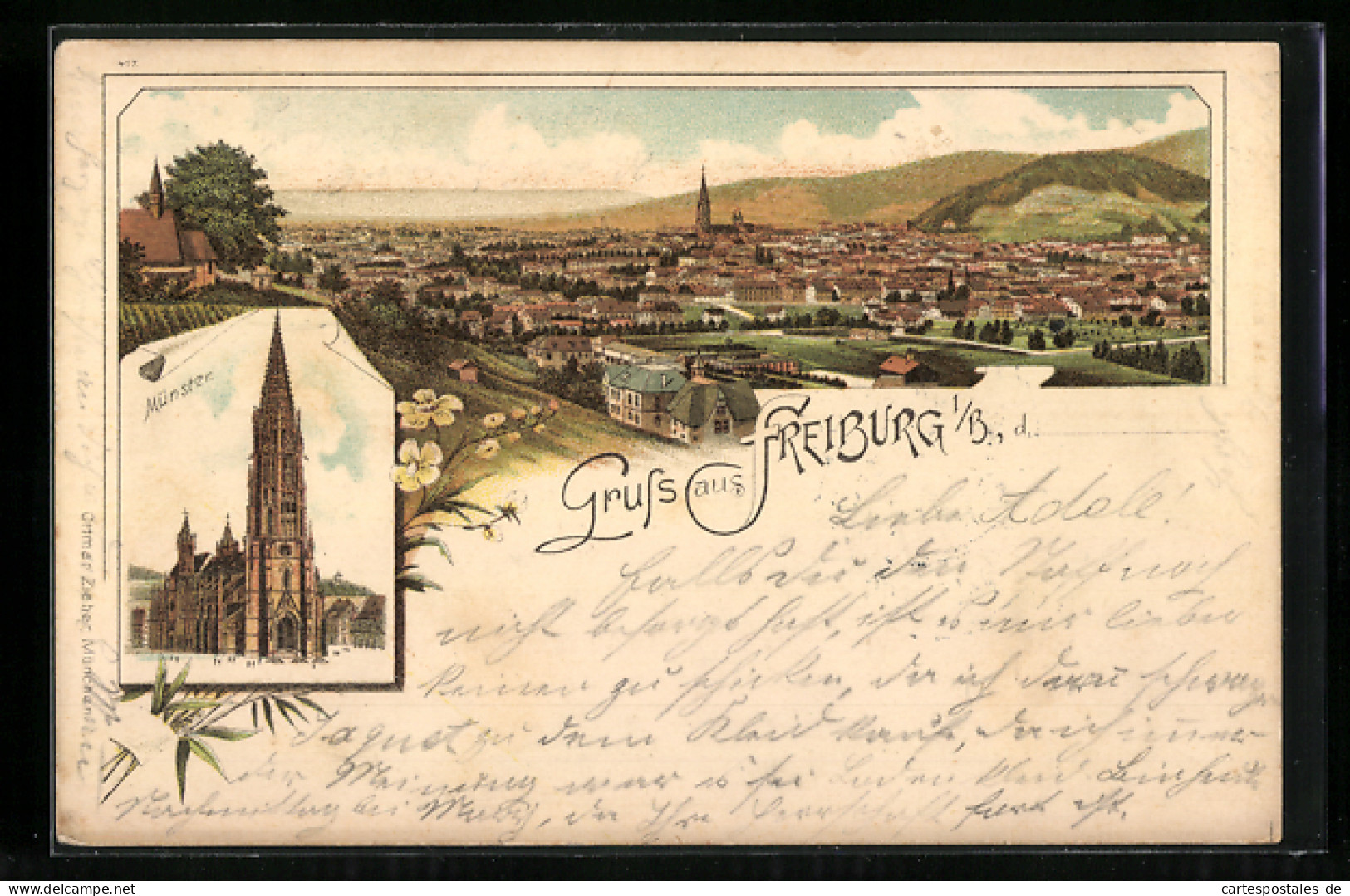 Lithographie Freiburg I. B., Ortsansicht Und Blick Auf Münster  - Freiburg I. Br.