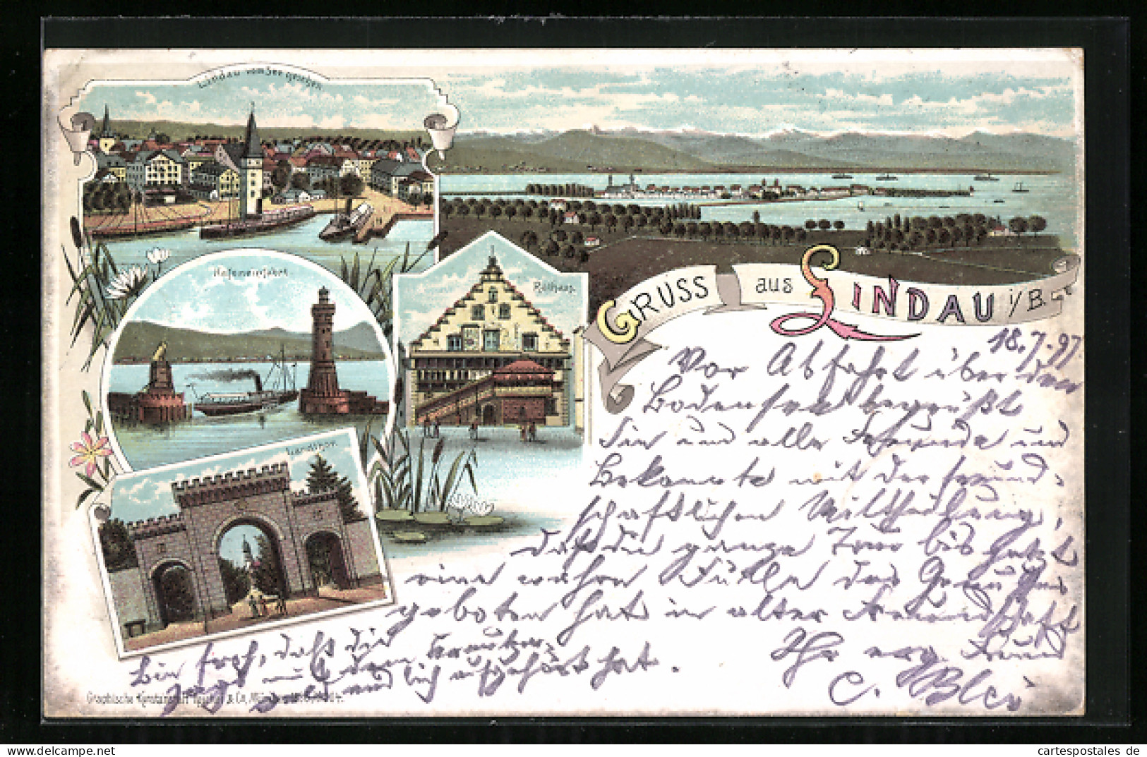 Lithographie Lindau I. B., Dampfer In Hafeneinfahrt Und Blick Auf Rathaus  - Lindau A. Bodensee