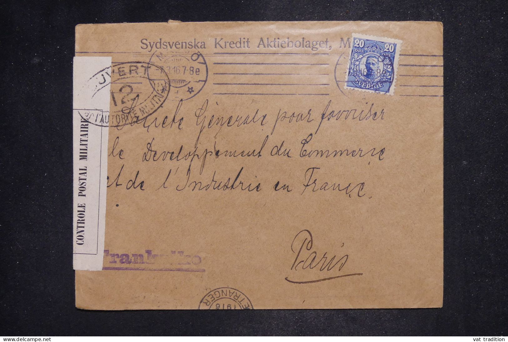 SUEDE - Lettre Censurée à L'arrivée En France - 1916 - 1ère GM - A 2843 - 1910-1920 Gustaf V