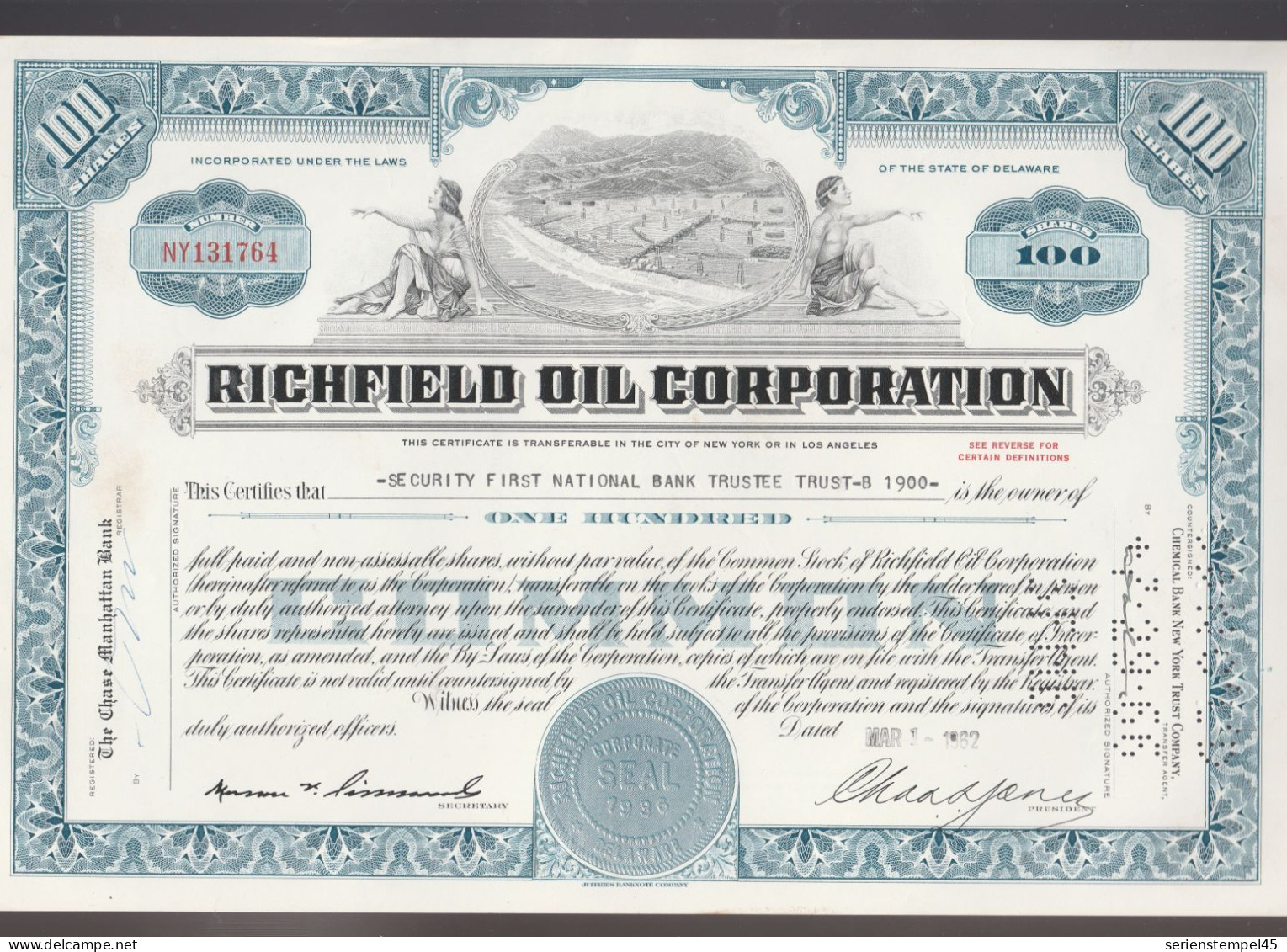 Richfield Oil Corporation - Los Angeles - Titre De 100 Actions - 1962 Richfield Oil Corporation - Los Angeles - Titre De - Aardolie