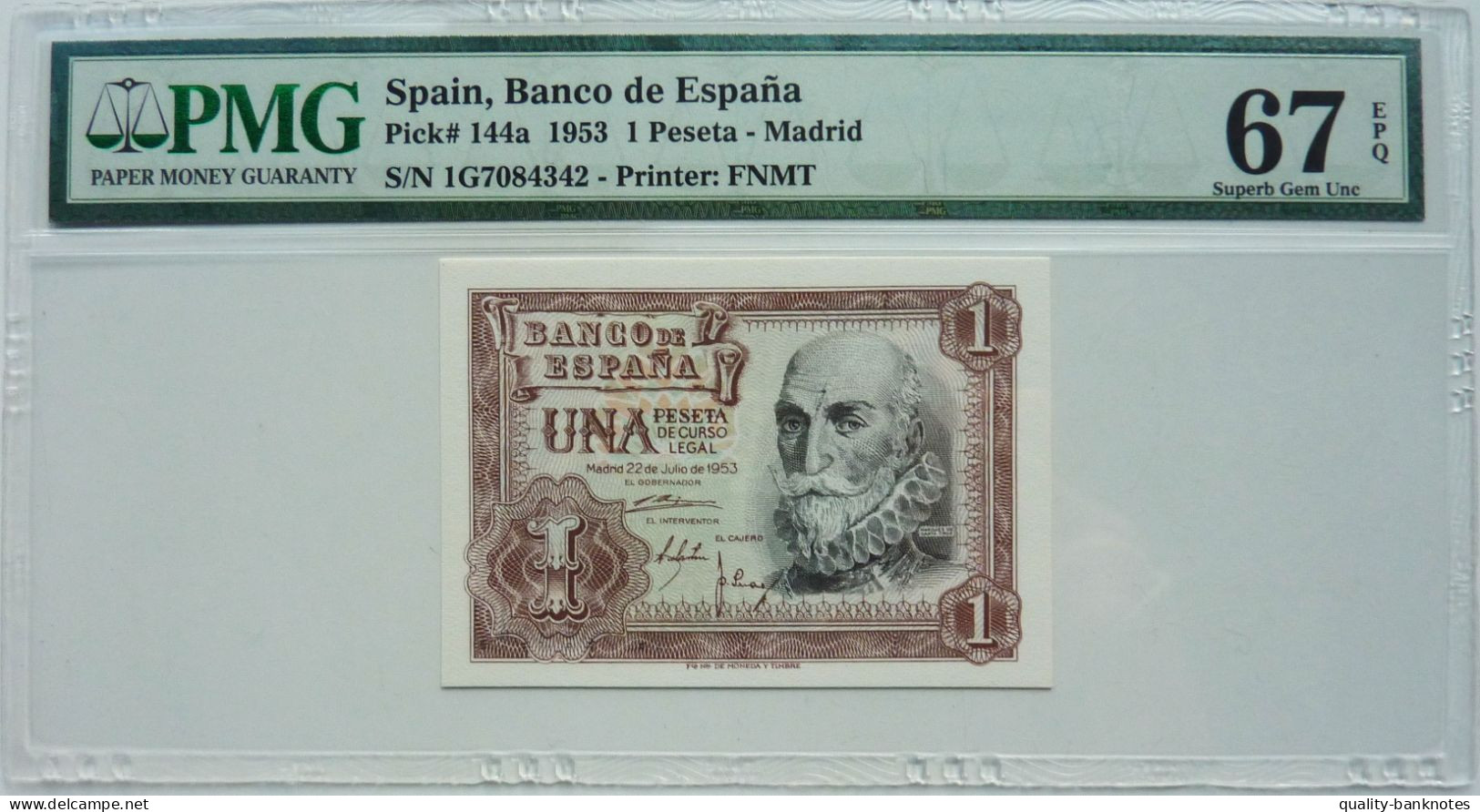 •Q-B• SPAIN 1 PESETA 1953 ÚLTIMA SERIE 1G • P 144 A• PMG 67 SUPERB GEM UNC - 1-2 Pesetas