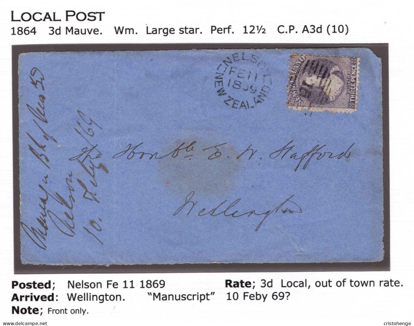 New Zealand 1869 3d Interprovincial Rate FFQ Chalon Cover Front Sent To E. W. Stafford - Covers & Documents