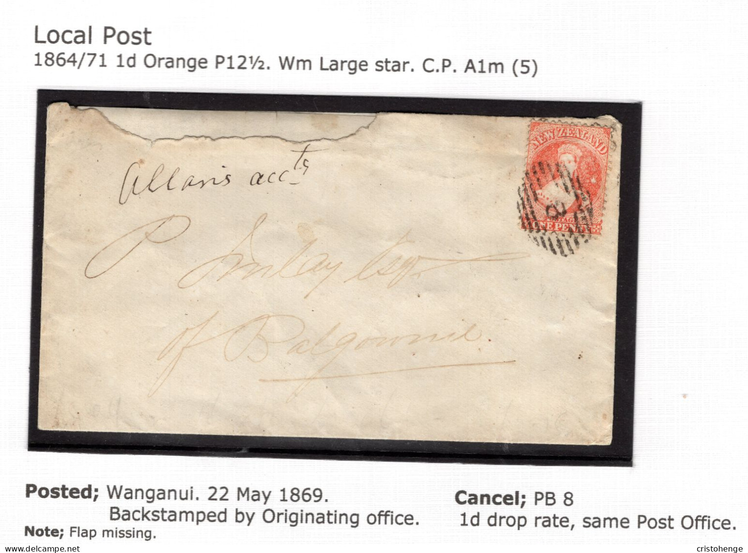 New Zealand 1869 1d Drop Rate FFQ Chalon Cover Sent Within Wanganui - Brieven En Documenten