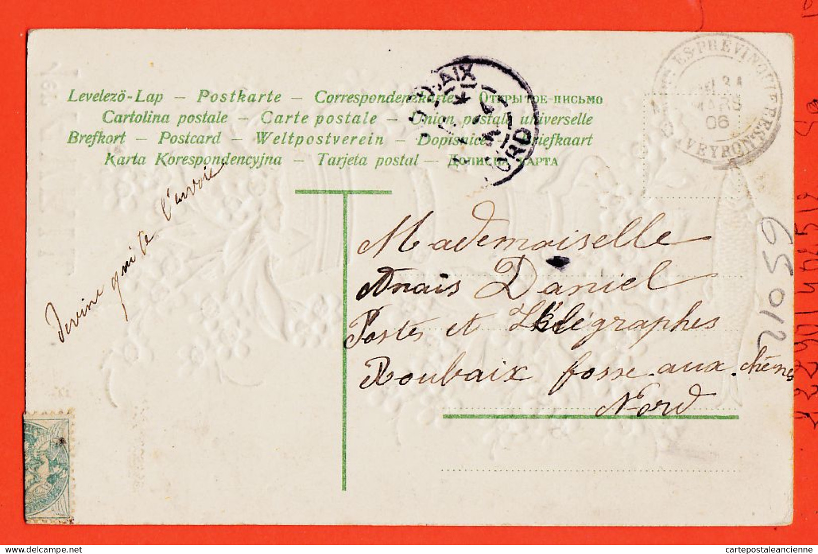 24916 / ⭐ Cachet Poste LES PREVINQUIERES 1906 ◉ CP Gaufrée ◉ 1er AVRIL à Anaïs DANIEL Telegraphes Roubaix-Fosse-Chênes - April Fool's Day