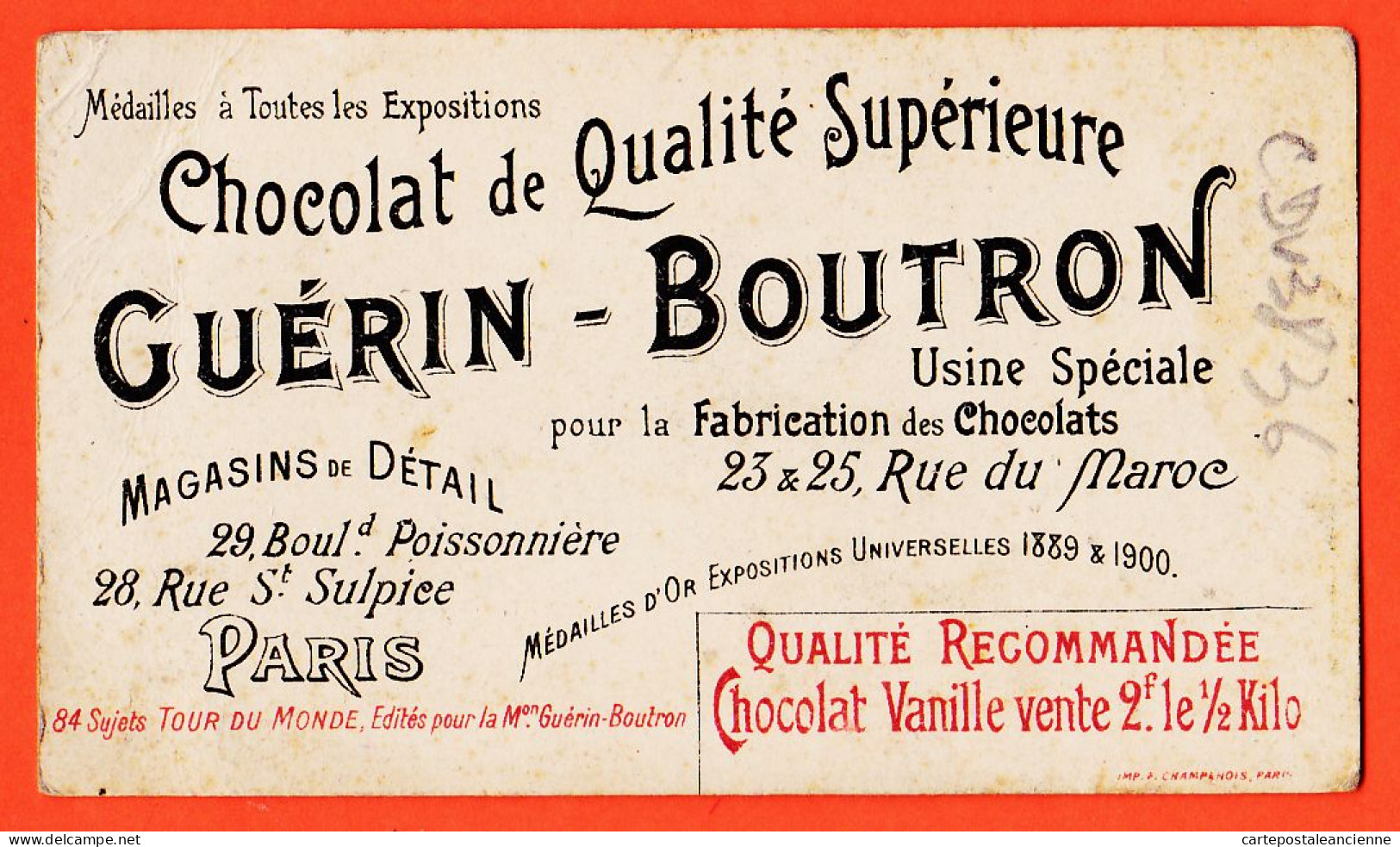 24831 /⭐ Chromo Chocolat GUERIN-BOUTRON 15 ◉ Tour Monde 84 étapes CALIFORNIE Visite Mission SAINT-JEAN ◉ PARIS Rue MAROC - Guerin Boutron