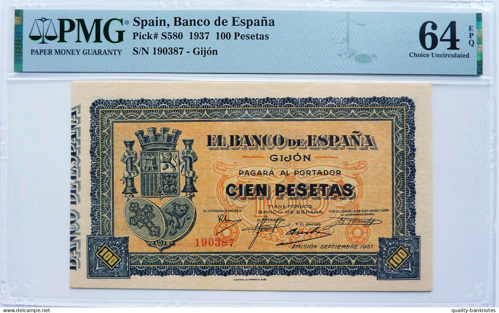 •Q-B• SPAIN 100 PESETAS 1937 GIJÓN • P S580 • PMG EPQ 64 UNC - 100 Peseten