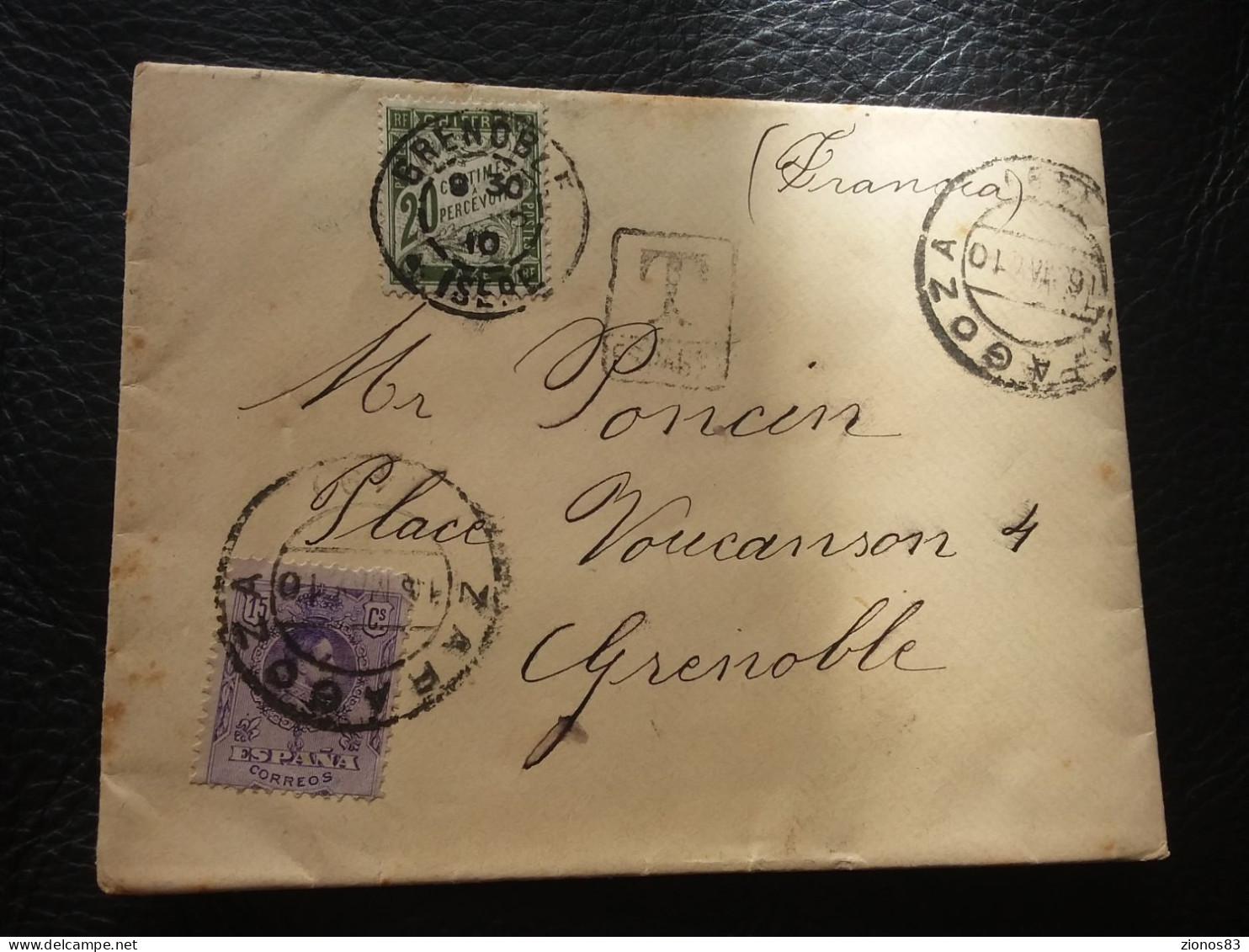 Lettre De Zaragoza Pour Grenoble (France ) 1910. Taxée En France 20c. - Storia Postale