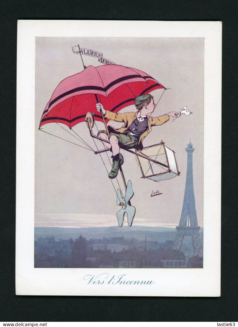 Grand CHROMO Galeries Lafayette Raphaël  Tuck Illustration Luda   Aviation Avion  Tour Eiffel Vers L'inconnu - Otros & Sin Clasificación