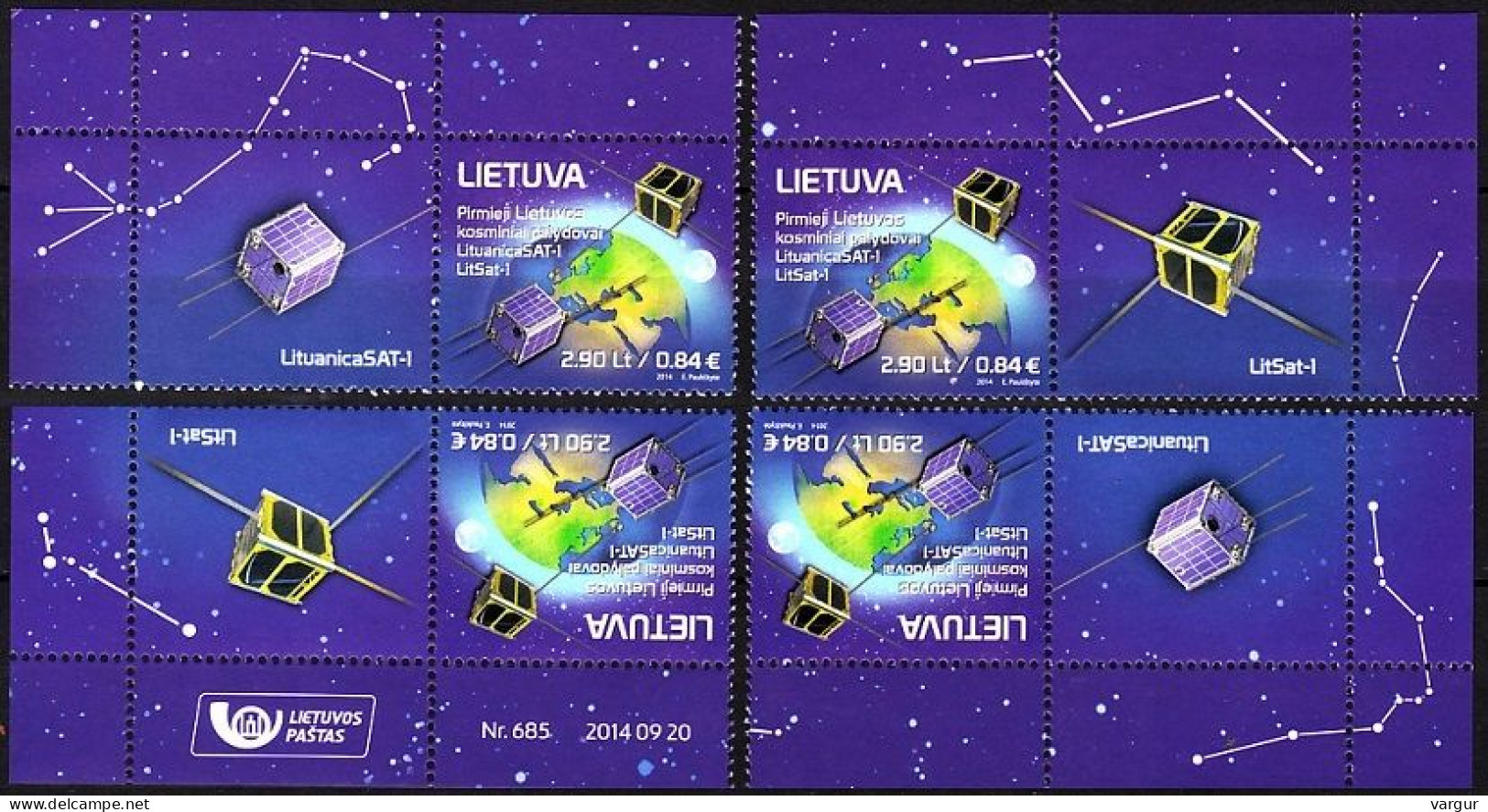 LITHUANIA 2014 SPACE: Lithuanian Satellites. 4 Labeled Pairs From 4 Corners, MNH - Europe