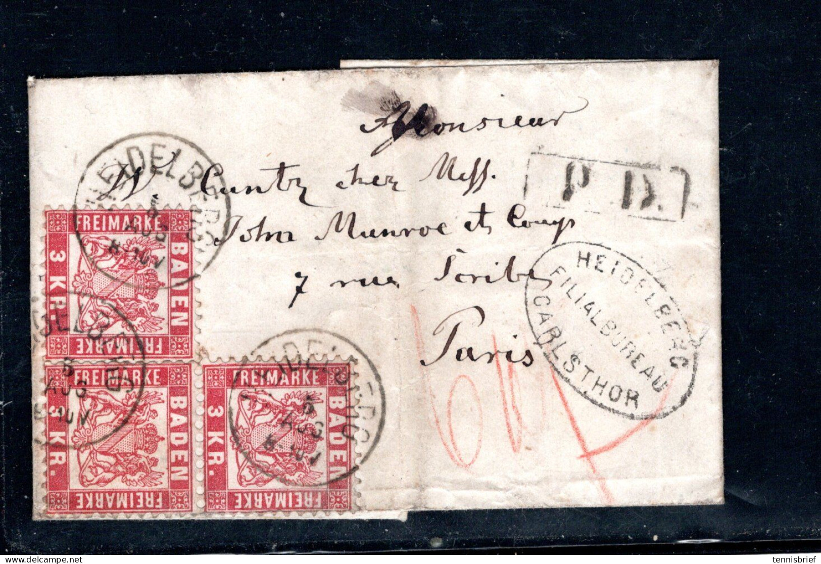 1869 , 3 KR. Paar Und Einzel  Auf Brief ,klar  " HEIDELBERG "mit Klarem Postablage-Stp. Nach Paris ,gute Erhaltung #140 - Lettres & Documents