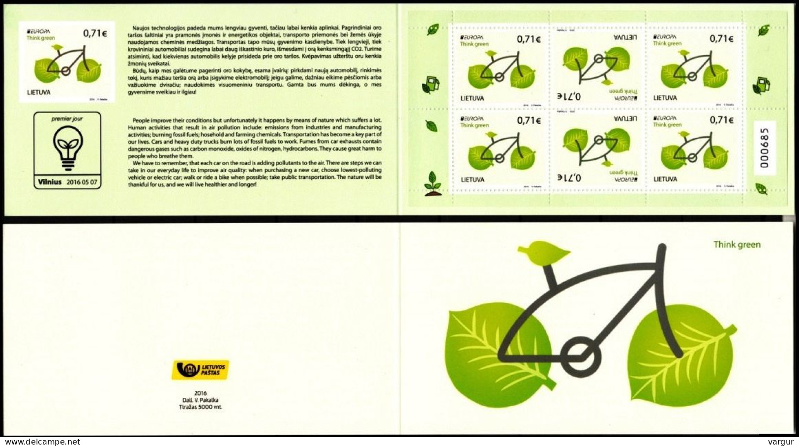 LITHUANIA 2016 EUROPA: Think Green. Bicycle. BOOKLET, MNH - 2016