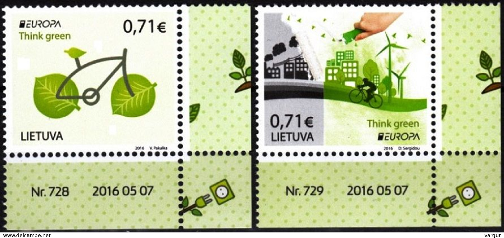 LITHUANIA 2016 EUROPA: Think Green. Pollution Bicycle. Requisites CORNER, MNH - 2016