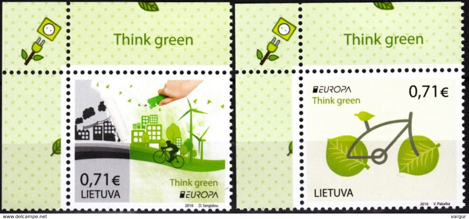 LITHUANIA 2016 EUROPA: Think Green. Pollution Bicycle. UL CORNER, MNH - 2016