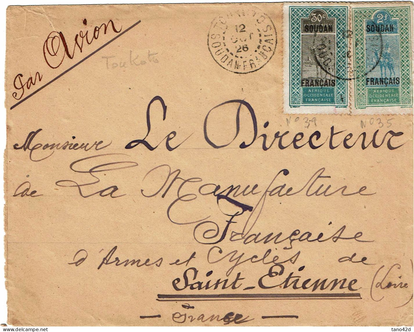 PP15 - SOUDAN FRANCAIS LETTRE AVION POUR ST ETIENNE 12/10/1926 - Brieven En Documenten