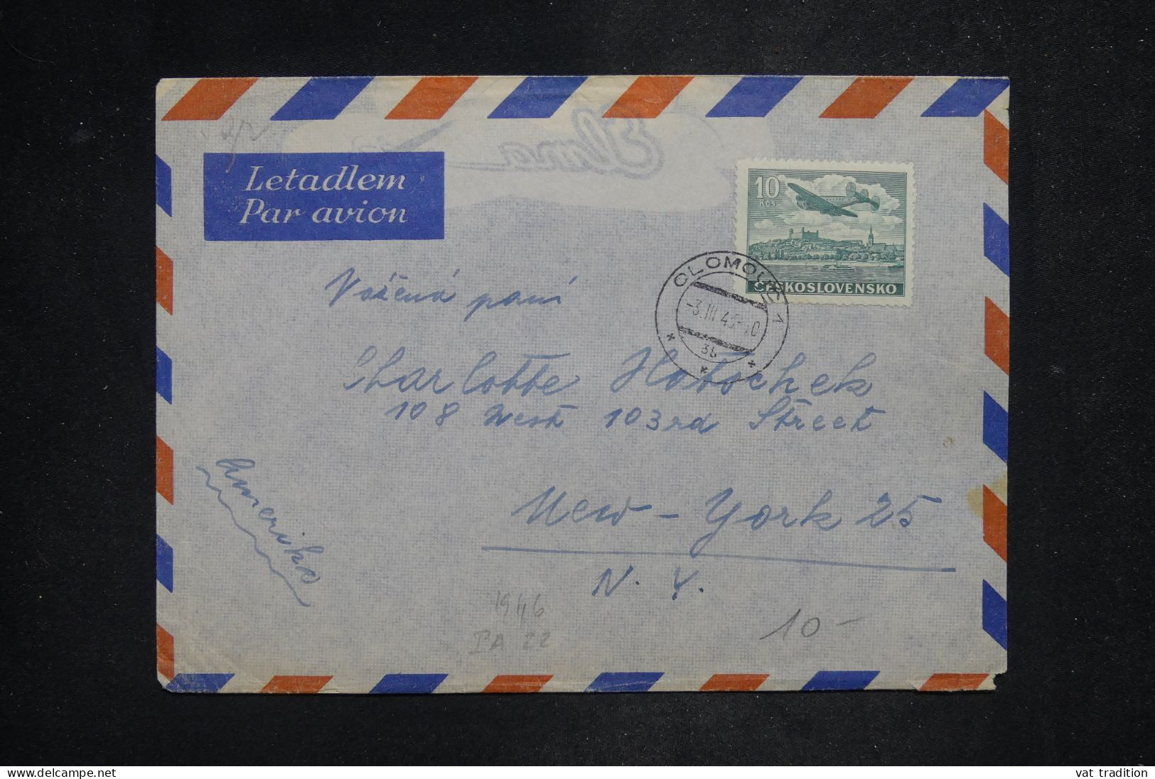 TCHECOSLOVAQUIE - Lettre Par Avion Pour New York - 1946 - A 2852 - Brieven En Documenten