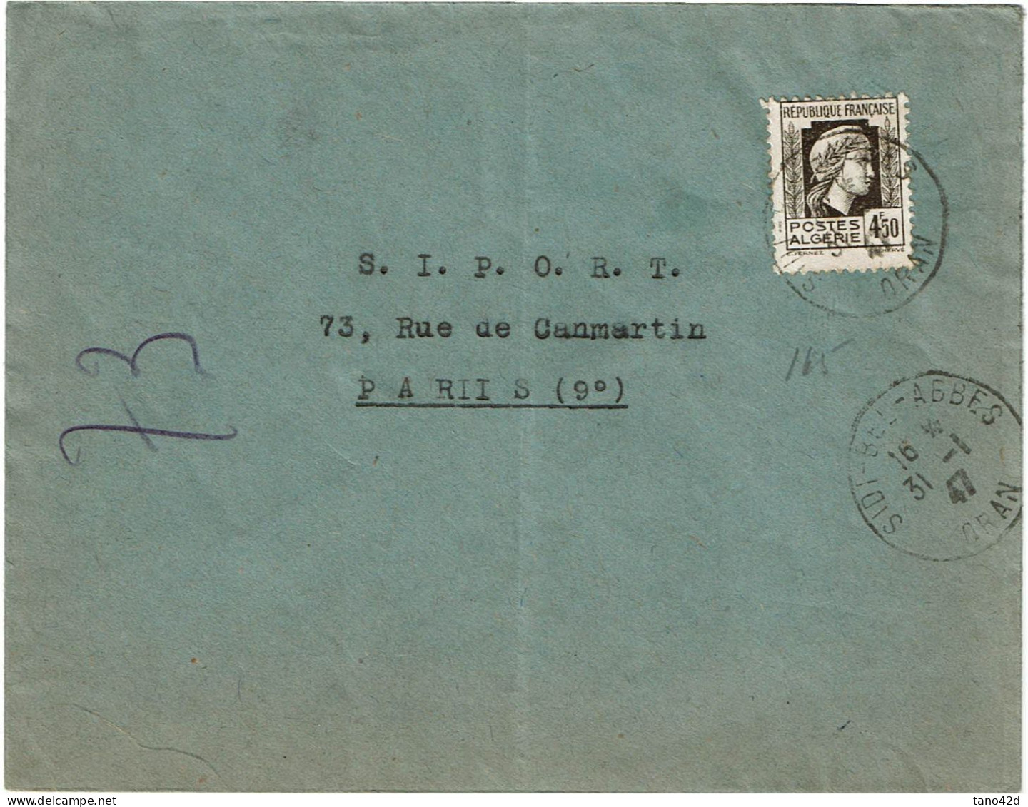 PP15 - ALGERIE MARIANNE 4f50 S/LETTRE   SIDI BEL ABBES / PARIS 31/1/1947 - Covers & Documents