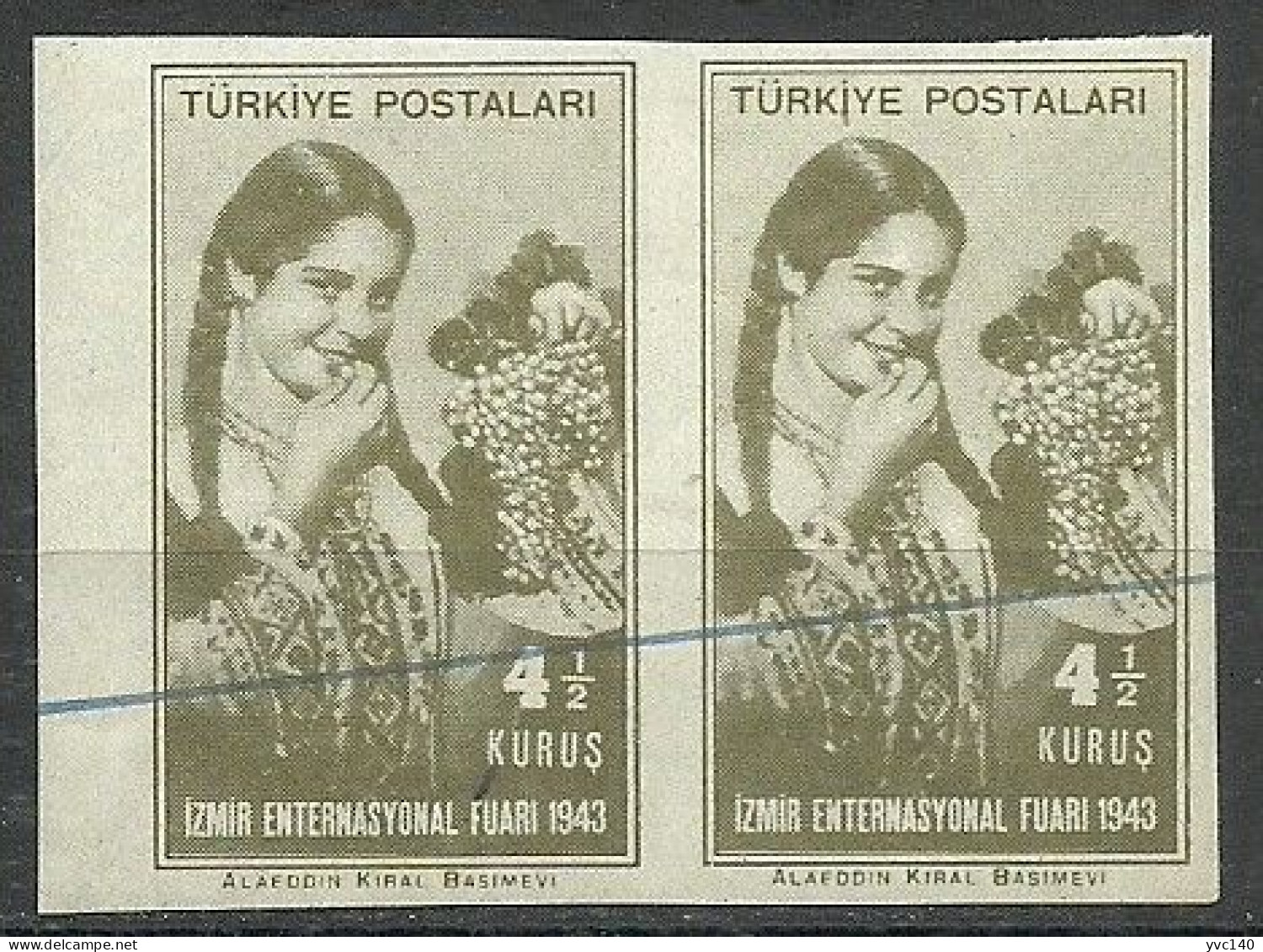 Turkey; 1943 Izmir International Fair 4 1/2 K. ERROR "Imperforate Pair" - Ungebraucht