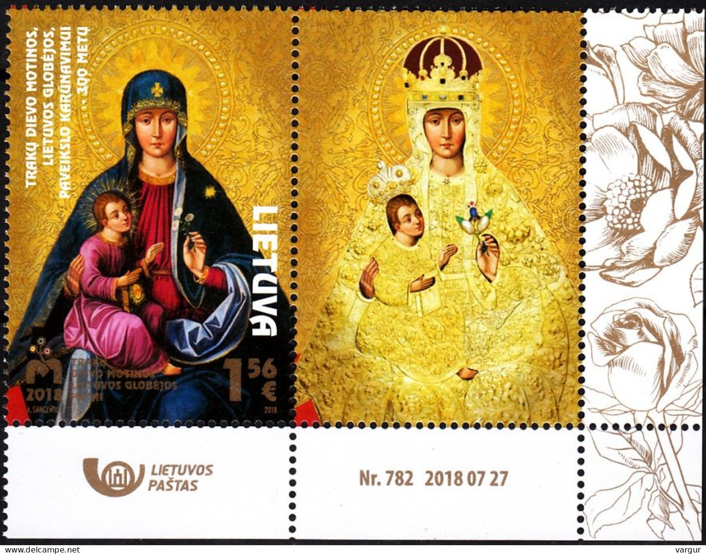 LITHUANIA 2018-10 Religion Art Icon. Our Lady Of Trakai. Joint. LR With LABEL, MNH - Emisiones Comunes