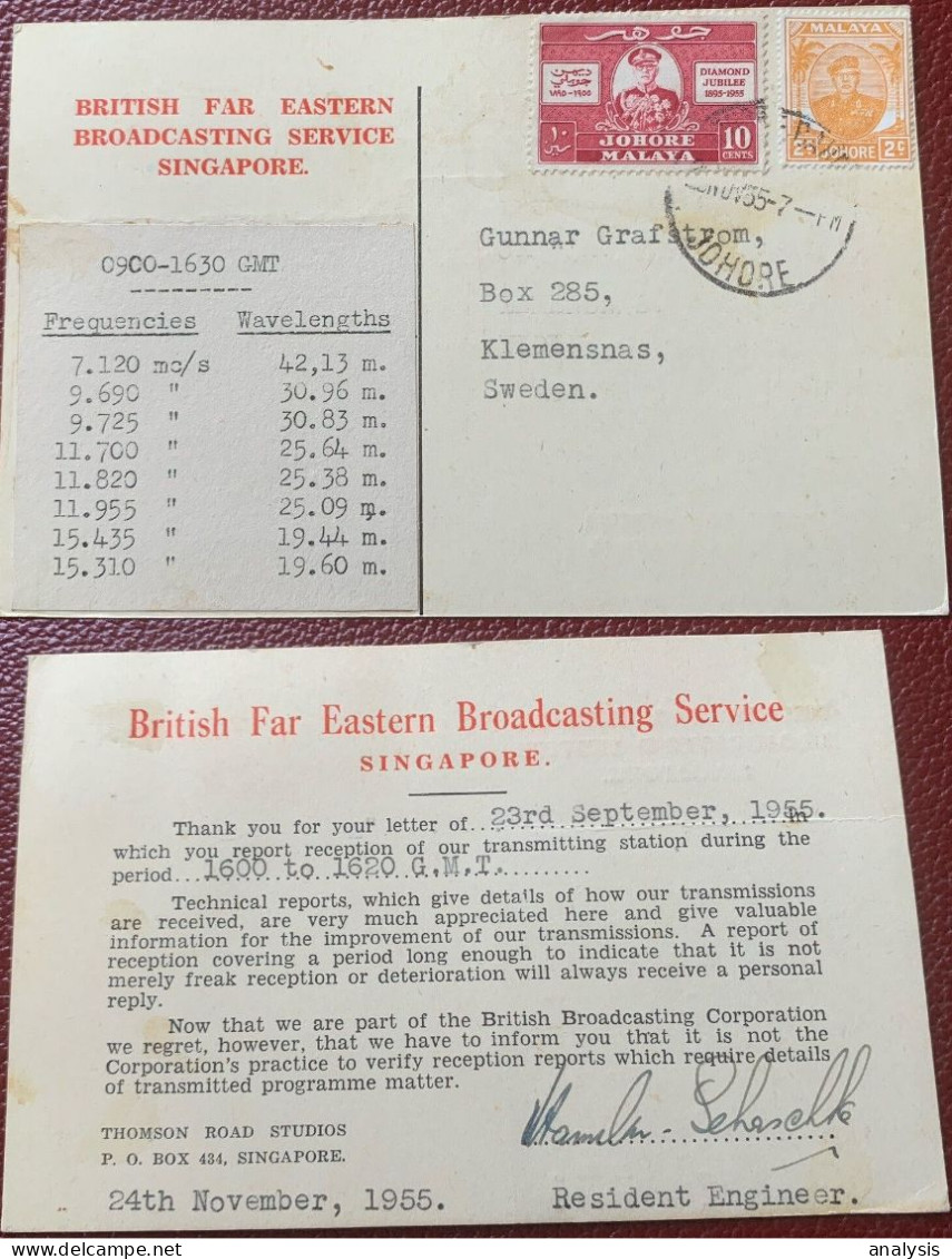 Singapore British Far Eastern Broadcasting Service Postcard Mailed From Malaya Johore 1955 - Singapour (...-1959)