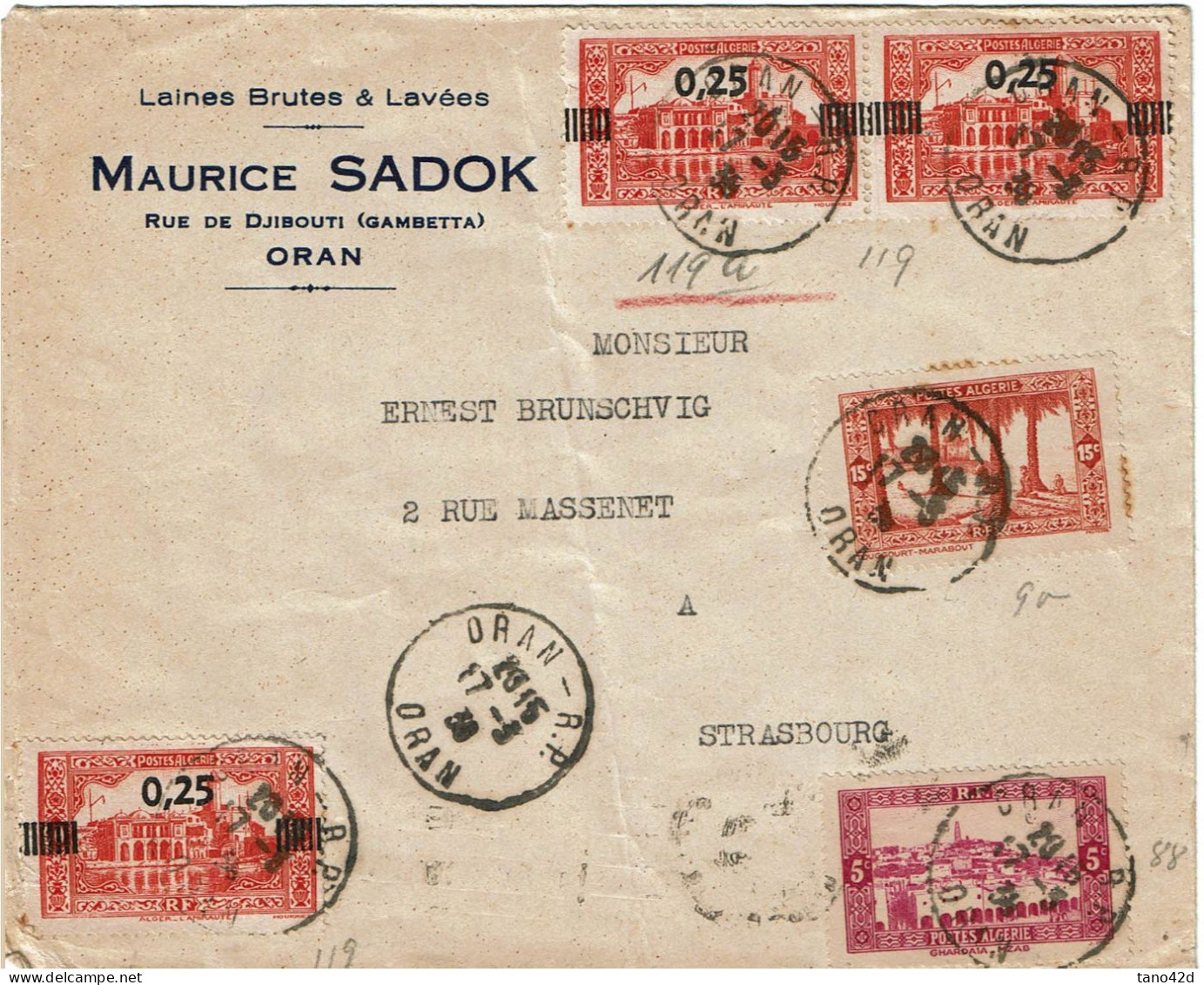 PP15 - ALGERIE LETTRE ORAN / STRASBOURG 17/5/1938 - Storia Postale