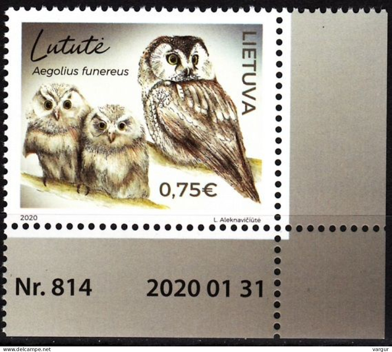 LITHUANIA 2020-02 FAUNA: Red Book Of Lithuania. Bird Owl. Requisites CORNER, MNH - Owls