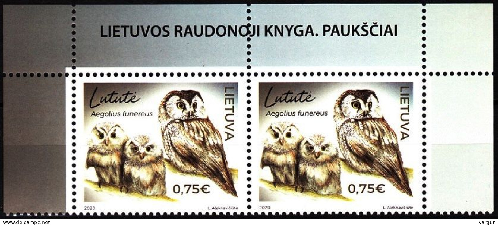 LITHUANIA 2020-02 FAUNA: Red Book Of Lithuania. Bird Owl. Top PAIR, MNH - Gufi E Civette